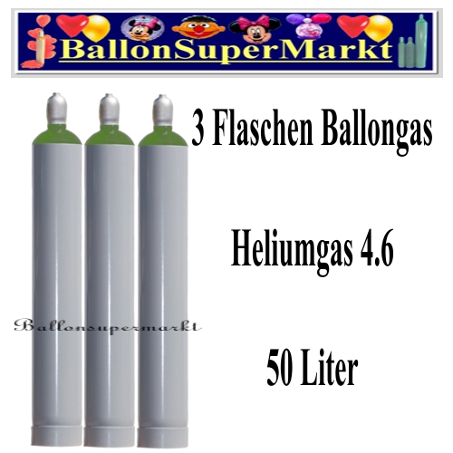 Drei Flaschen Ballongas, 50 Liter, Helium 4.6, Ballonsupermarkt-Lieferservice NRW