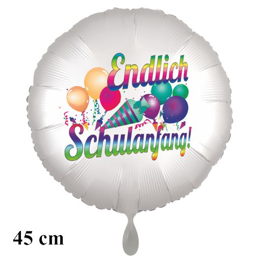 Endlich Schulanfang! Satinweißer Rund-Luftballon aus Folie, 45 cm