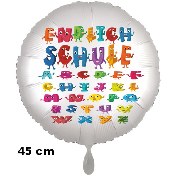 Endlich Schule, Luftballon aus Folie, Satin de Luxe, weiß, 45 cm, zur Einschulung
