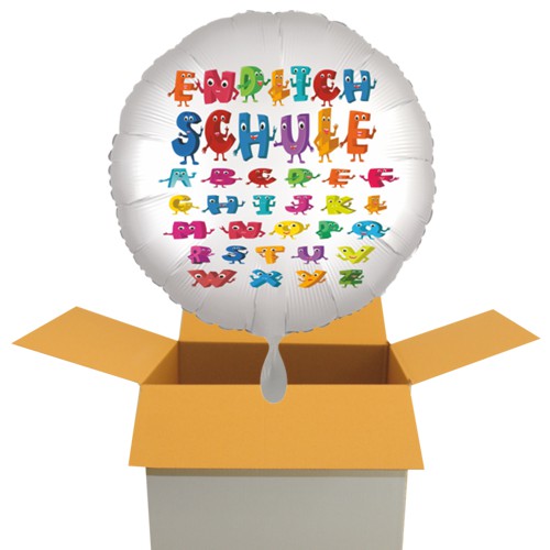 Endlich Schule. Satin de Luxe weisser Luftballon als Geschenk an das Schulkind