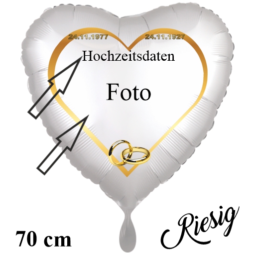 Fotoballon Hochzeitspaar Herz, Satin de Luxe, Weiß, mit Trauringen und Hochzeitsdatum zur Goldenen Hochzeit Muster