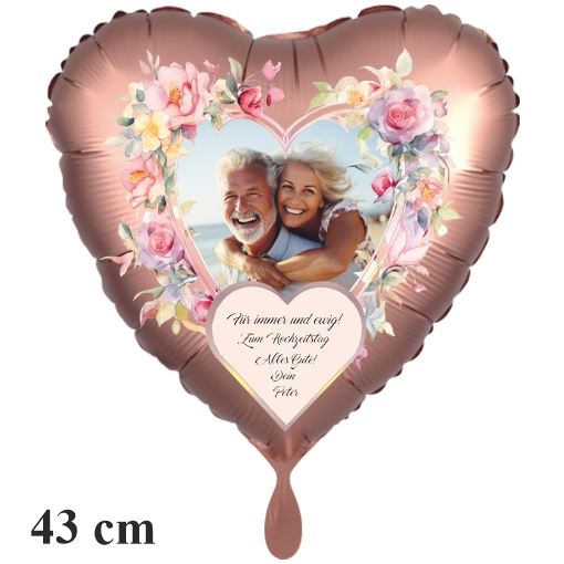 Fotoballon Rosegold, Herz, 43cm, mit Foto und Text