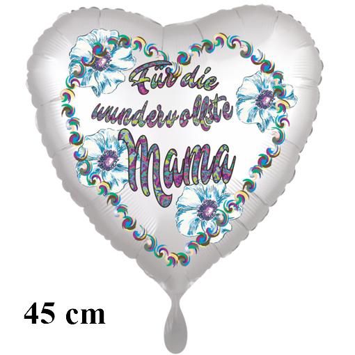 Für die wundervollste Mama. Herzluftballon, Folie, satinweiß, 45 cm