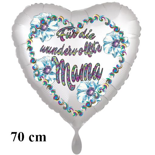 Für die wundervollste Mama. Herzluftballon, Folie, satinweiß, 70 cm