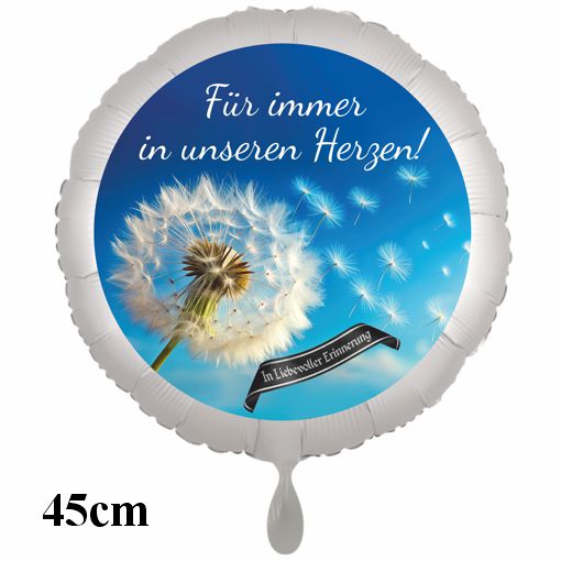 F&uuml;r immer in unseren Herzen. Pusteblume Abschied. Rundluftballon, satinwei&szlig;, 45 cm, inklusive Helium