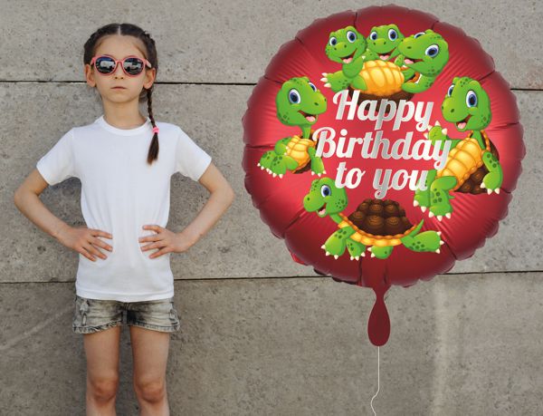 Ballongrüße: Großer satinroter Luftballon mit Schildkröten zum Kindergeburtstag