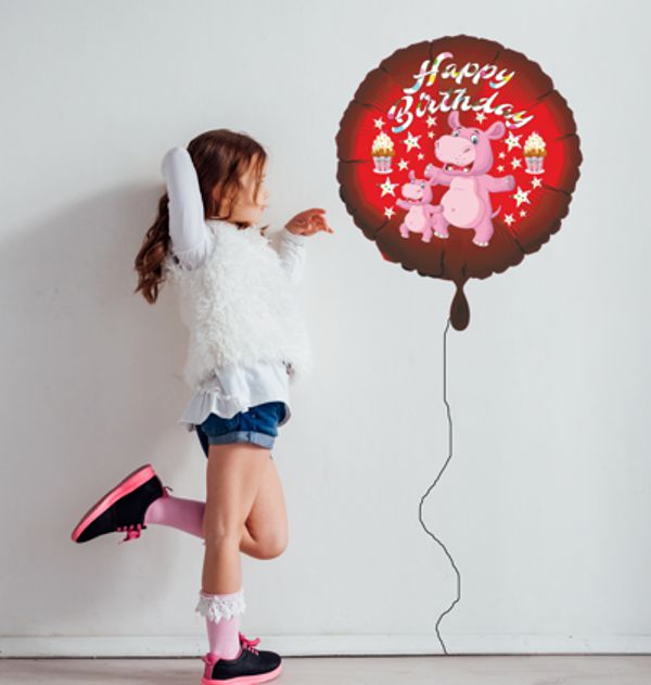 Ballongruss: Luftballon aus Folie mit Happy Birthday Nilpferd