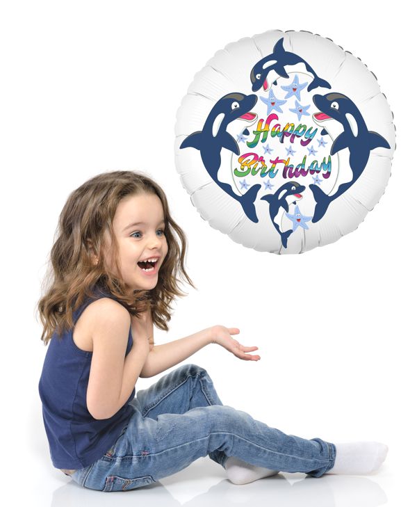 Ballongruss: Luftballon aus Folie mit Happy Birthday Delfine