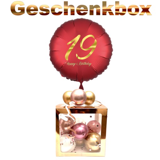 Geschenkbox mit Helium-Luftballon zum 19. Geburtstag