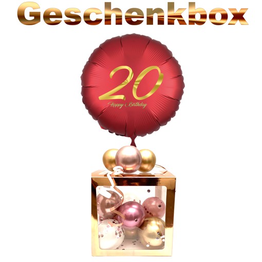 Geschenkbox mit Helium-Luftballon zum 20. Geburtstag