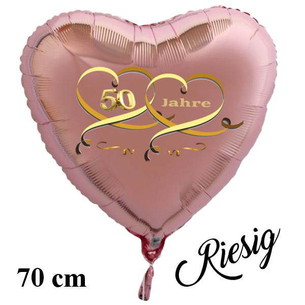 50 Jahre, roségoldener großer Herzballon aus Folie zur Goldenen Hochzeit mit Helium Ballongas