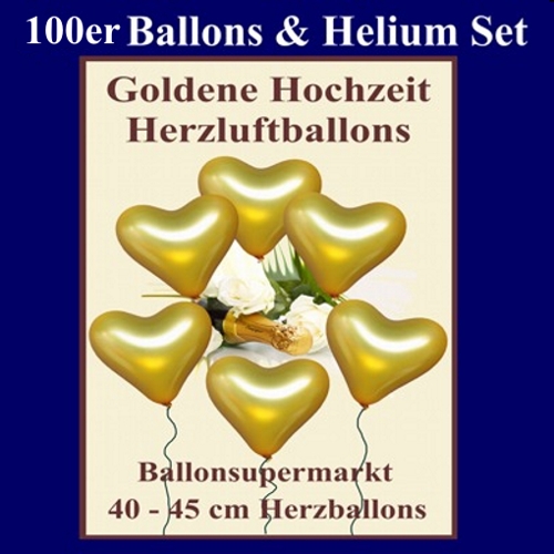 Ballons Helium Set Goldene Hochzeit, 100 golden Herzluftballons mit Heliumflasche und Ballonbändern