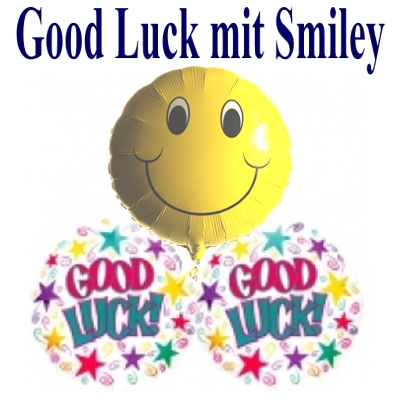 2 Good Luck Luftballons und 1 Smiley Luftballon mit Helium-Ballongas