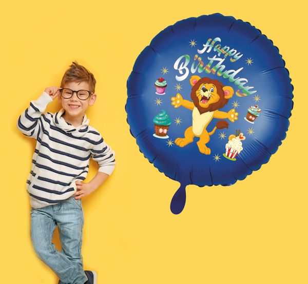 Ballongruss: Großer Luftballon aus Folie mit Happy Birthday Löwe