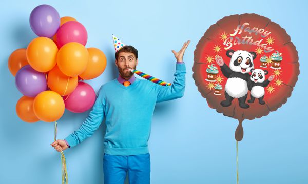 Ballongruss: Großer Luftballon aus Folie mit Happy Birthday Panda Bären