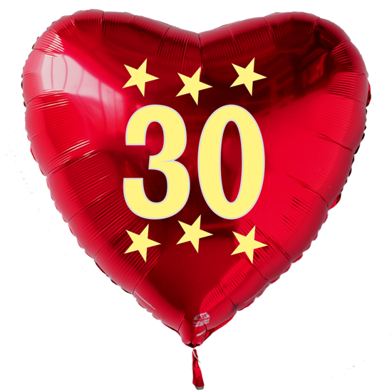 Großer Herzluftballon zum 30. Geburtstag, roter Folienballon mit Ballongas