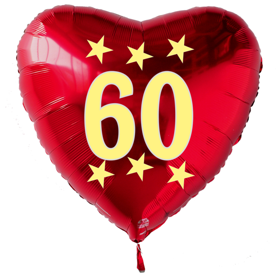 Großer Herzluftballon zum 60. Geburtstag, roter Folienballon mit Ballongas