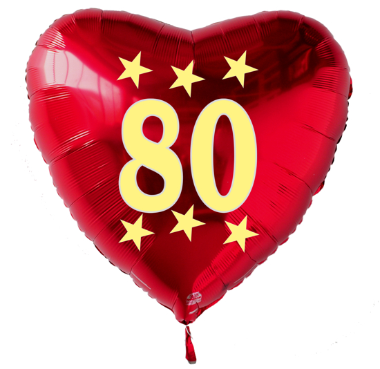 Großer Herzluftballon zum 80. Geburtstag, roter Folienballon mit Ballongas