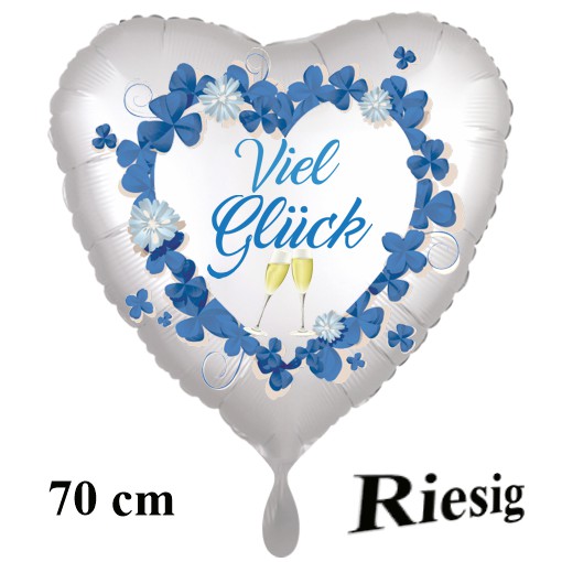 Silvester Herzluftballon Viel Glück, Satin de Luxe, weiß, 70 cm