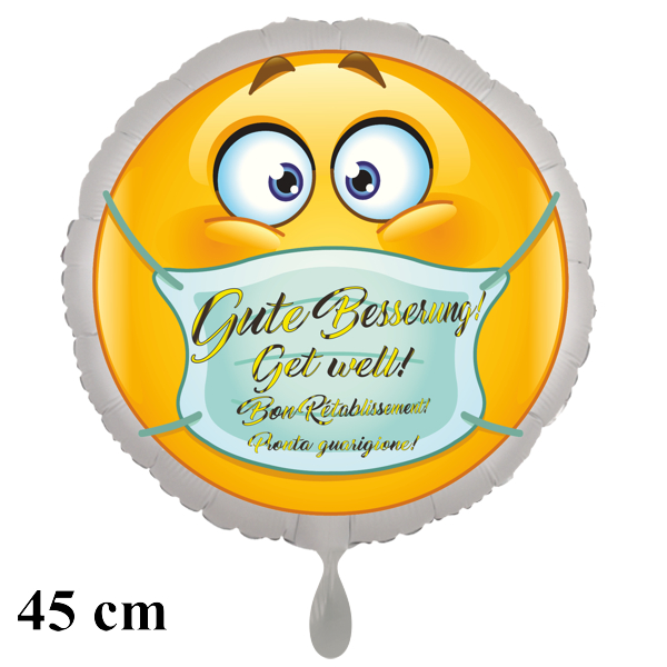 Gute Besserung in 4 Sprachen Luftballon, Smiley mit Mundschutz, 45 cm groß, inklusive Helium