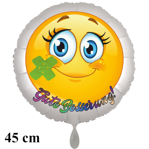 Gute Besserung. Smiley mit Pflaster, Rundluftballon satinweiss, 45 cm, inklusive Helium