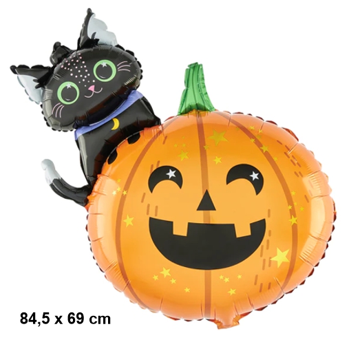 Halloween Kürbis mit schwarzer Katze, großer Luftballon aus Folie