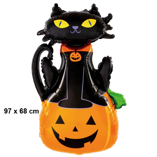 Halloween Kürbis mit schwarzer Halloween Katze, großer Luftballon aus Folie