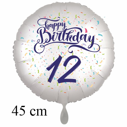 Luftballon zum 12. Geburtstag mit Helium, Happy Birthday - Konfetti