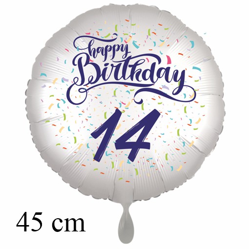 Luftballon zum 14. Geburtstag mit Helium, Happy Birthday - Konfetti
