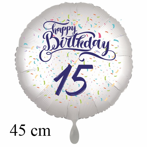 Luftballon zum 15. Geburtstag mit Helium, Happy Birthday - Konfetti
