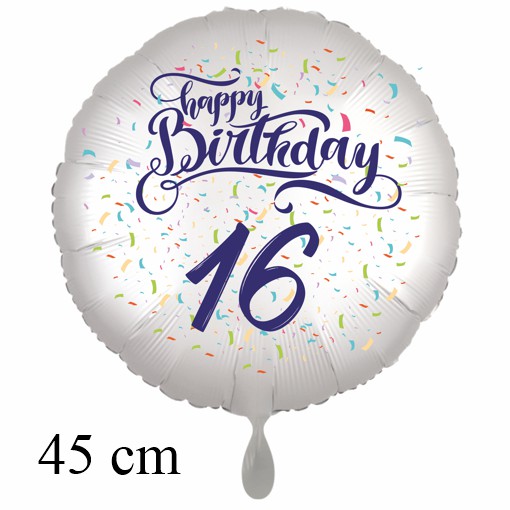 Luftballon zum 16. Geburtstag mit Helium, Happy Birthday - Konfetti