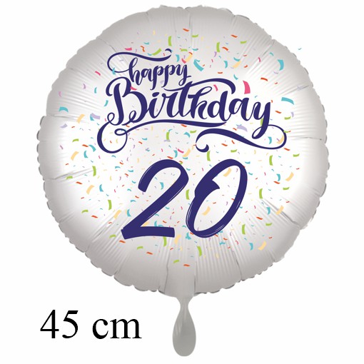 Luftballon zum 20. Geburtstag mit Helium, Happy Birthday - Konfetti