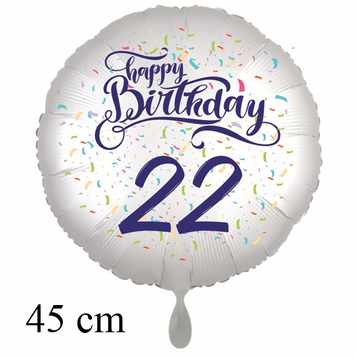 Luftballon zum 22. Geburtstag mit Helium, Happy Birthday - Konfetti