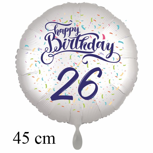 Luftballon zum 26. Geburtstag mit Helium, Happy Birthday - Konfetti
