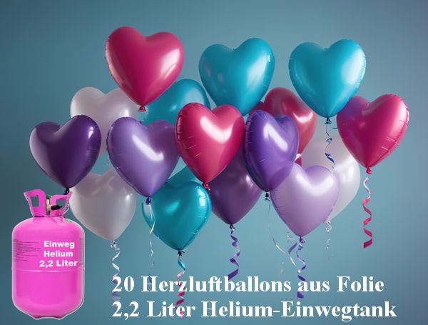20 bunte Herzballons aus Folie mit Einweg-Helium 20 bunte Herzballons aus Folie mit Einweg-Helium