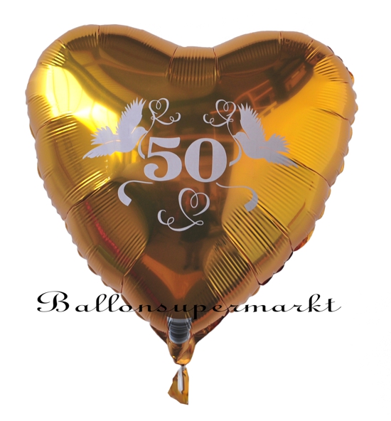 Herzballon aus Folie, 50, Gold, zur Goldenen Hochzeit
