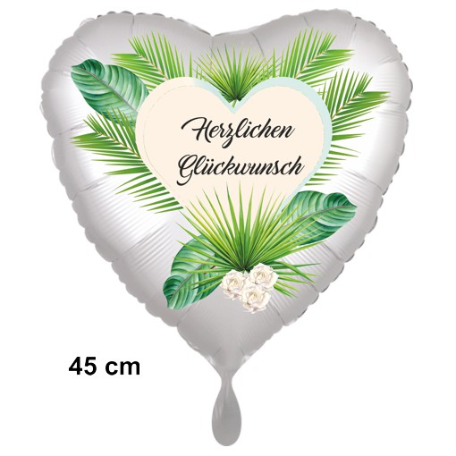 Herzlichen Glückwunsch. Herzluftballon satinweiss, Palmen und Blüten, 45 cm, inklusive Helium
