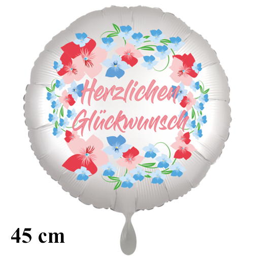 Herzlichen Glückwunsch. Rundluftballon satinweiss, Flowers, 45 cm, inklusive Helium