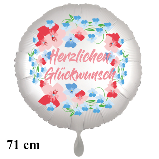 Herzlichen Glückwunsch. Rundluftballon satinweiss, Flowers, 71 cm, inklusive Helium