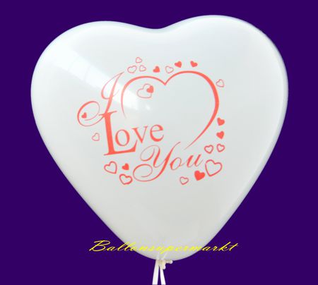 Herzluftballon mit Motiv, I Love You, bedruckter Luftballon, Herzform, Weiß
