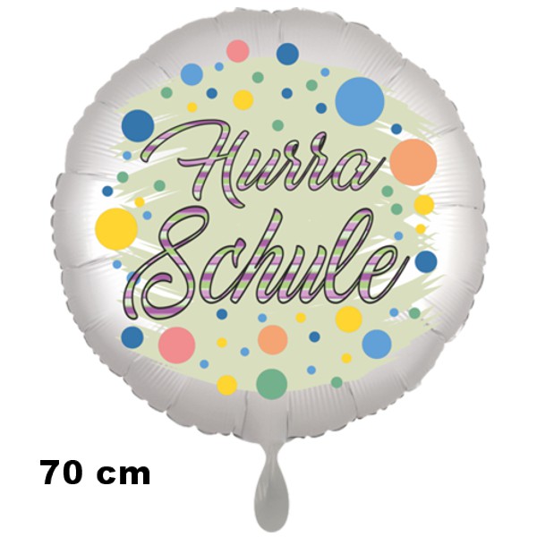 Hurra Schule, großer Luftballon aus Folie, Satin de Luxe, weiß, 70 cm, zur Einschulung