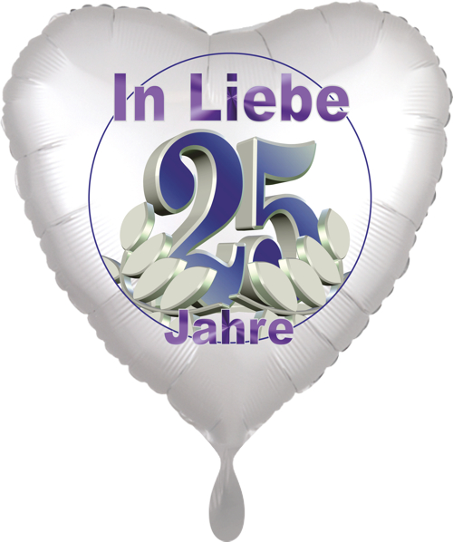 In Liebe - 25 Jahre - großer satinweißer Herzluftballon zur Silbernen Hochzeit
