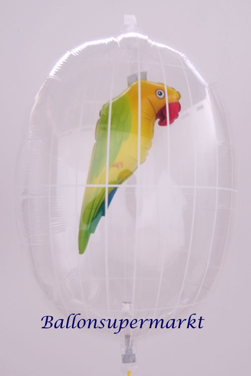 Insider Luftballon, transparenter PVC-Luftballon mit einem gelben Papagei-Luftballon im Inneren