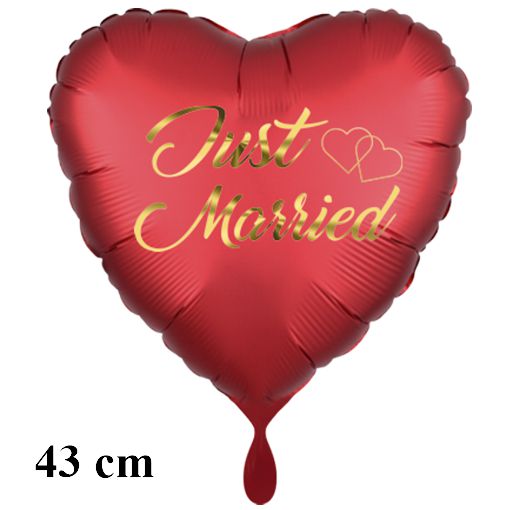 Just Married. Golden Letters and Hearts. Herzluftballon, satinrot, aus Folie, 43 cm