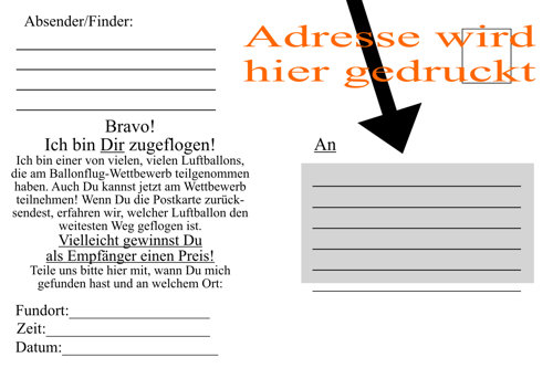 Karte zum Ballonflug-Wettbewerb mit Druck der Adresse oder Anschrift