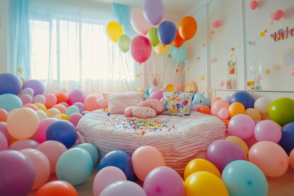 Festdekoration im Kinderzimmer mit bunten Pastell-Luftballons