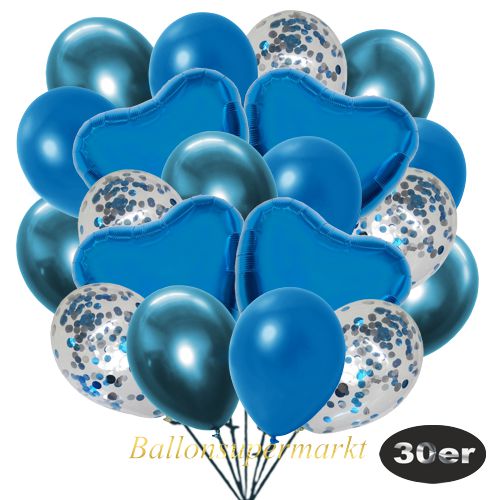 Partydeko Luftballon Set 30er, konfetti-luftballons-30-stueck-hellblau-konfetti-und-metallic-blau-chrome-blau-30-cm-folienballons-blau-45-cm