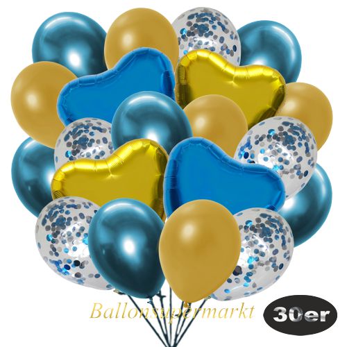 Partydeko Luftballon Set 30er, konfetti-luftballons-30-stueck-hellblau-konfetti-und-metallic-gold-chrome-blau-30-cm-folienballons-blau-und-gold-45-cm