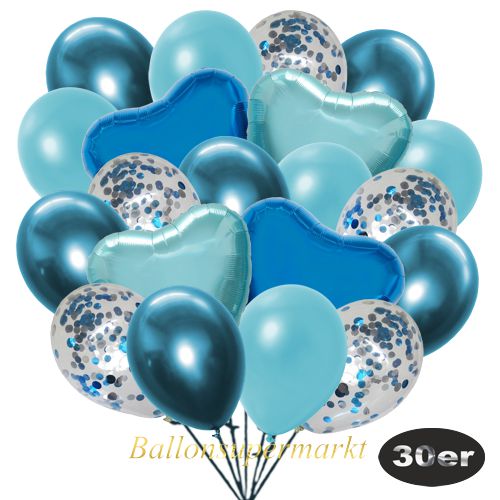 Partydeko Luftballon Set 30er, konfetti-luftballons-30-stueck-hellblau-konfetti-und-metallic-hellblau-chrome-blau-30-cm-folienballons-blau-und-light-blue-45-cm