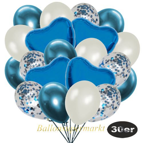 Partydeko Luftballon Set 30er, konfetti-luftballons-30-stueck-hellblau-konfetti-und-metallic-perlmutt-chrome-blau-30-cm-folienballons-blau-45-cm